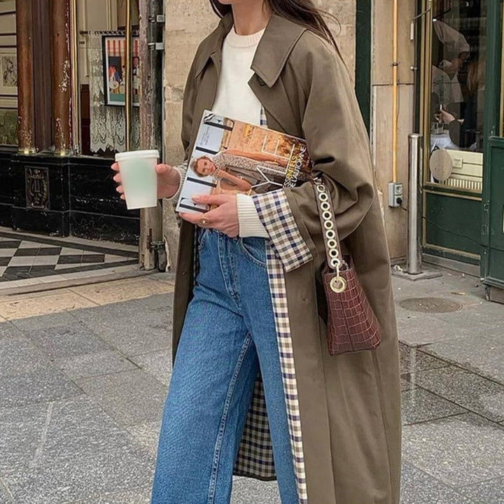 Khaki Green Women's Long Trench Coat with Stylish Grid Lining | Perfect for Autumn and Winter Fashion