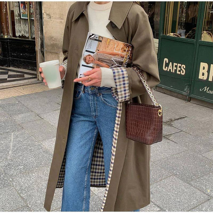 Khaki Green Women's Long Trench Coat with Stylish Grid Lining | Perfect for Autumn and Winter Fashion