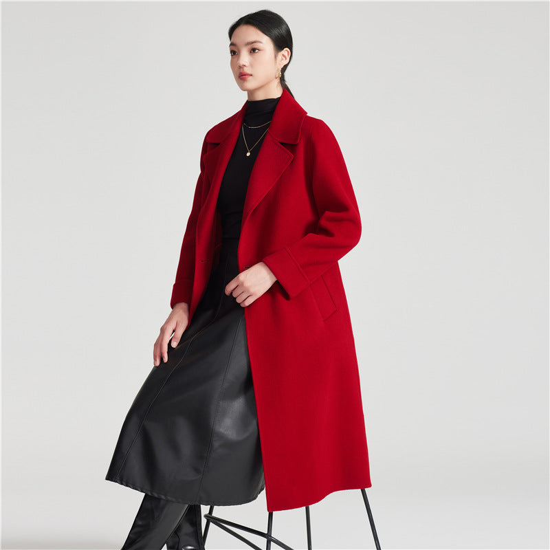 Red Double-Faced Cocoon Wrap Coat for Women - Stylish Outerwear