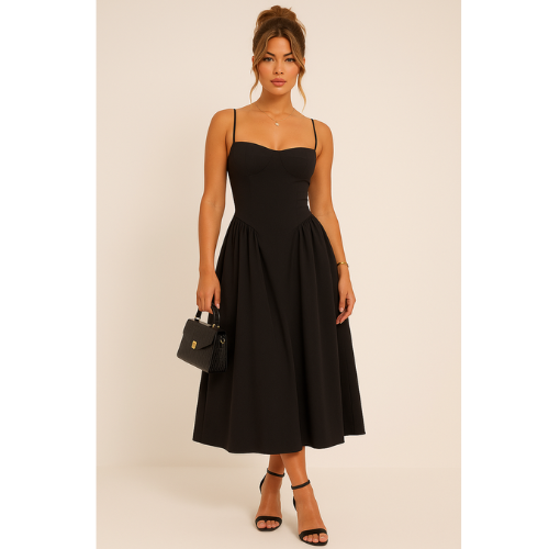 Women’s Pleated Skater Midaxi Dress – Elegant Fit and Flare Midi Dress for Casual & Party Wear