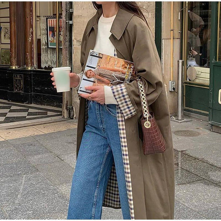 Khaki Green Women's Long Trench Coat with Stylish Grid Lining | Perfect for Autumn and Winter Fashion