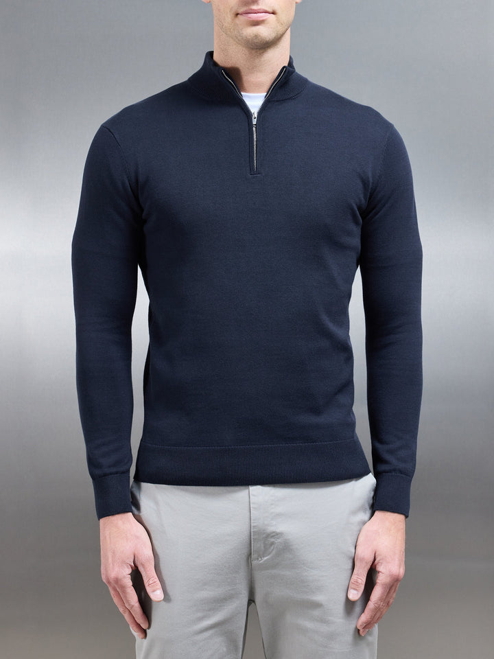 Navy Cotton Knitted Half-Zip Jumper – Slim Fit Funnel Neck Pullover