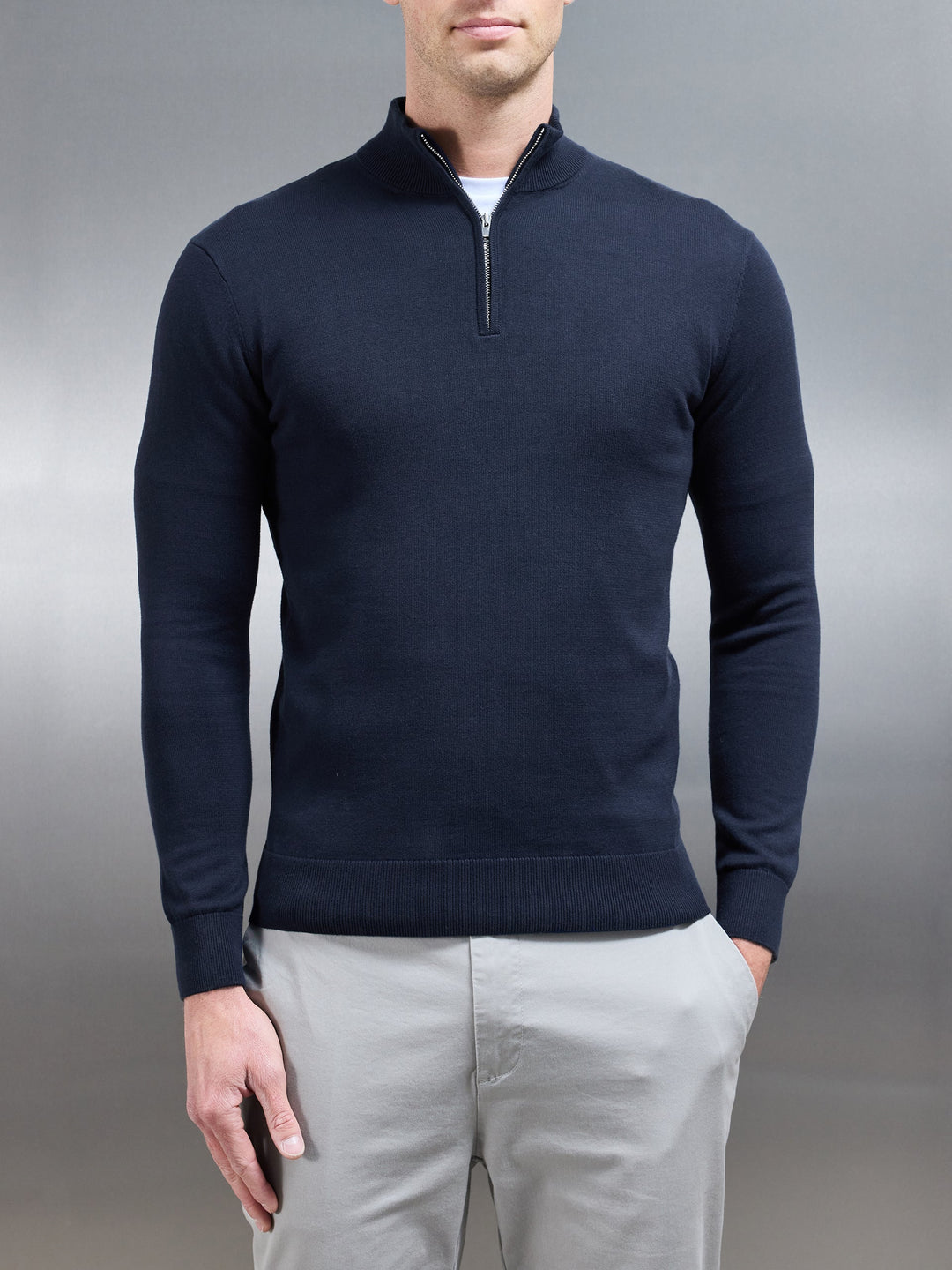 Navy Cotton Knitted Half-Zip Jumper – Slim Fit Funnel Neck Pullover