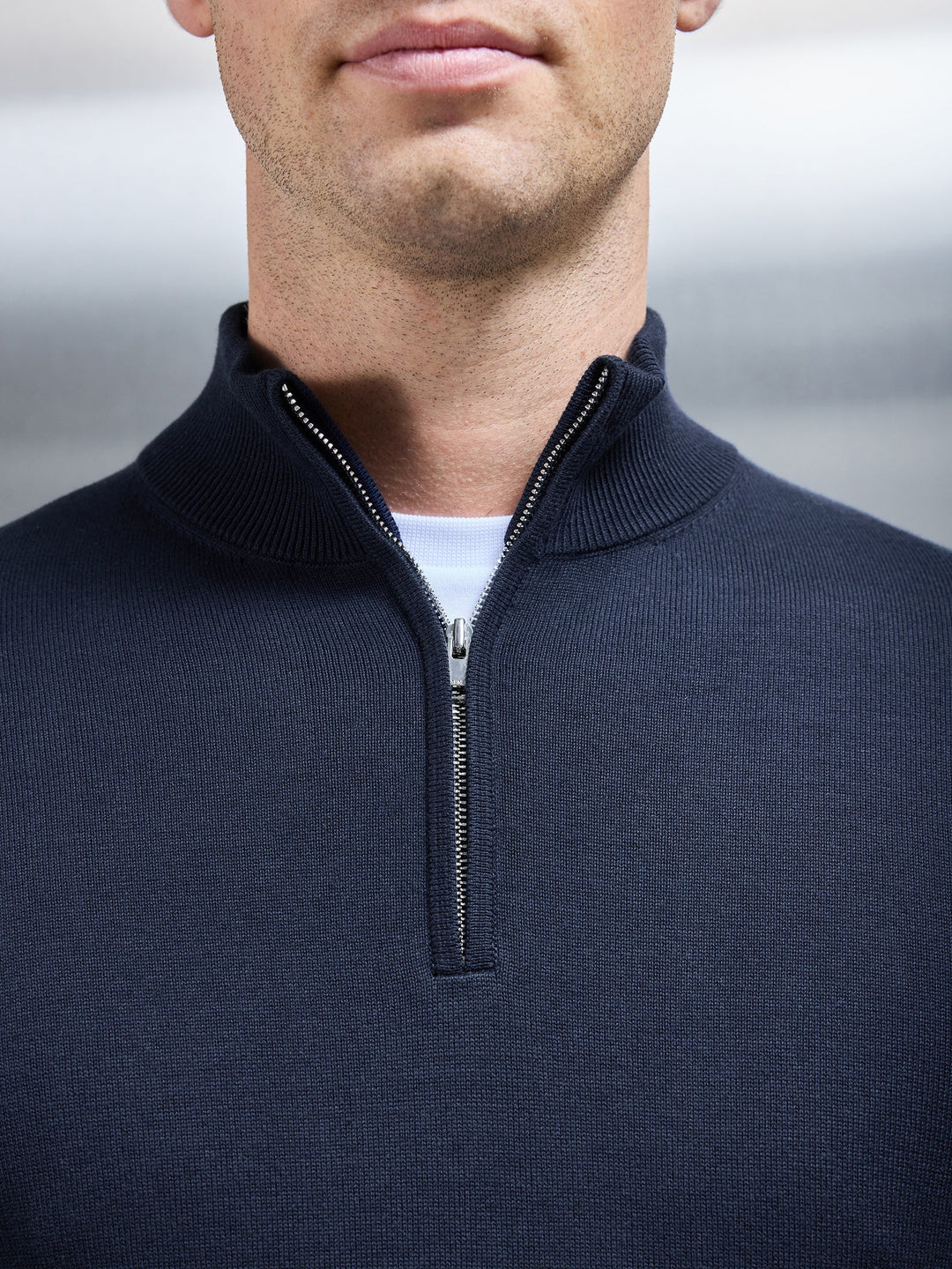 Navy Cotton Knitted Half-Zip Jumper – Slim Fit Funnel Neck Pullover