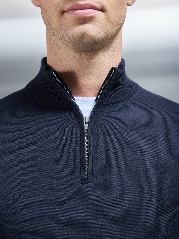 Navy Cotton Knitted Half-Zip Jumper – Slim Fit Funnel Neck Pullover