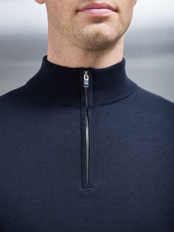 Navy Cotton Knitted Half-Zip Jumper – Slim Fit Funnel Neck Pullover