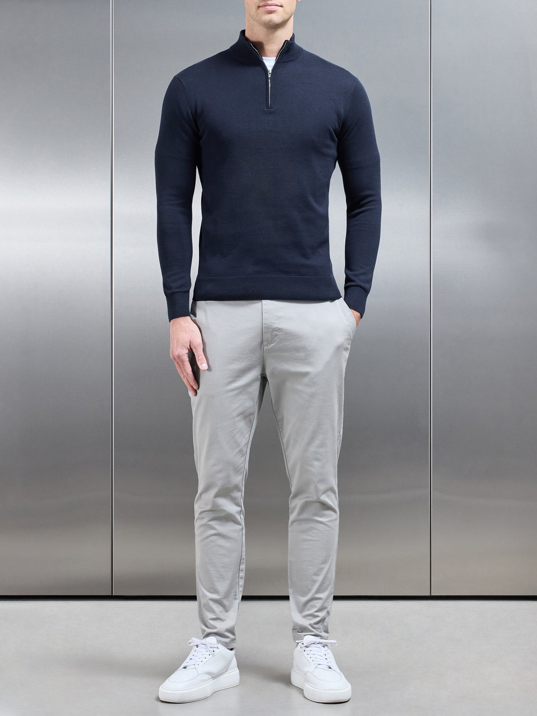 Navy Cotton Knitted Half-Zip Jumper – Slim Fit Funnel Neck Pullover
