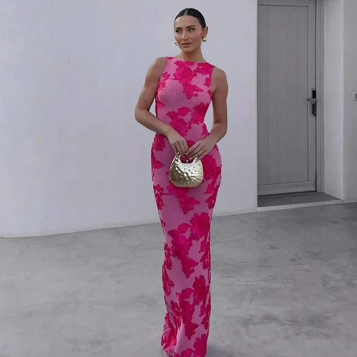 Elegant Floral Embroidered Maxi Dress – Sleeveless Bodycon Fit