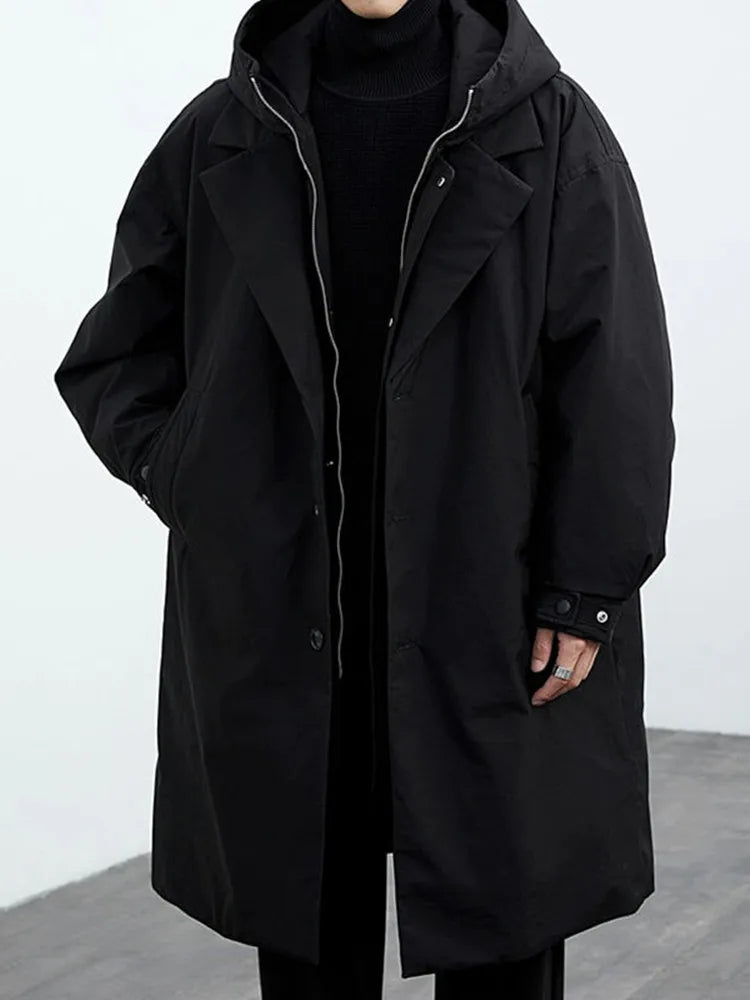 New winter mid-length faux two-piece hooded trench coat/parkor for men, plus size, warm outerwear.