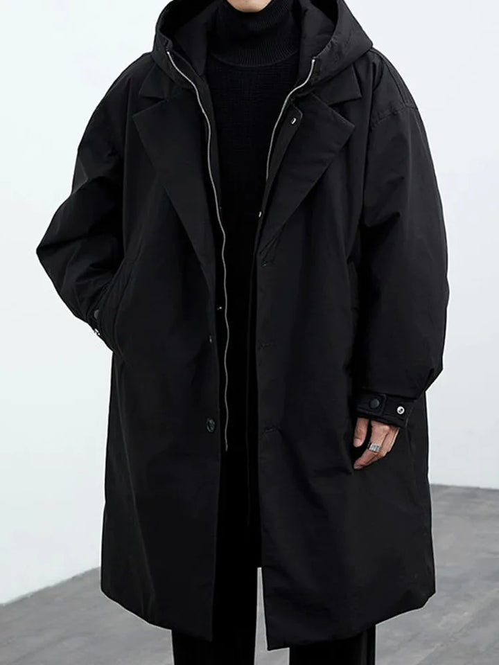New winter mid-length faux two-piece hooded trench coat/parkor for men, plus size, warm outerwear.