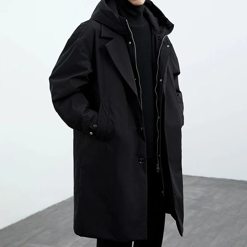 New winter mid-length faux two-piece hooded trench coat/parkor for men, plus size, warm outerwear.