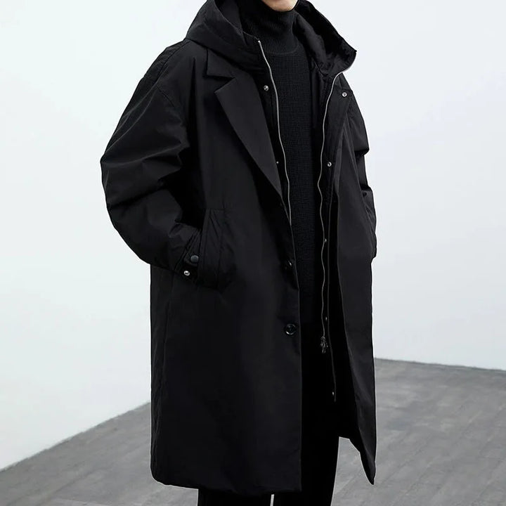 New winter mid-length faux two-piece hooded trench coat/parkor for men, plus size, warm outerwear.