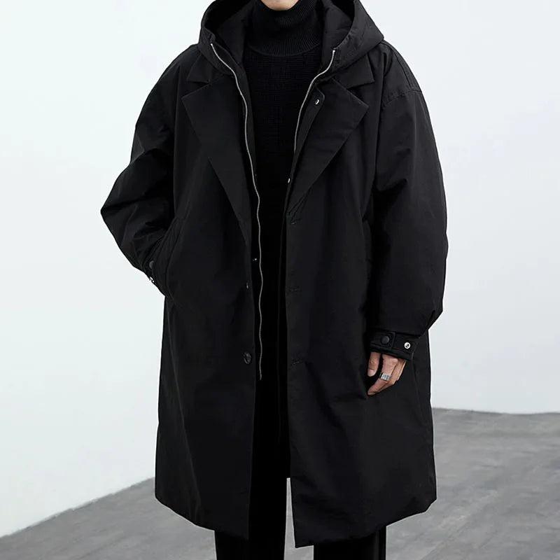 New winter mid-length faux two-piece hooded trench coat/parkor for men, plus size, warm outerwear.