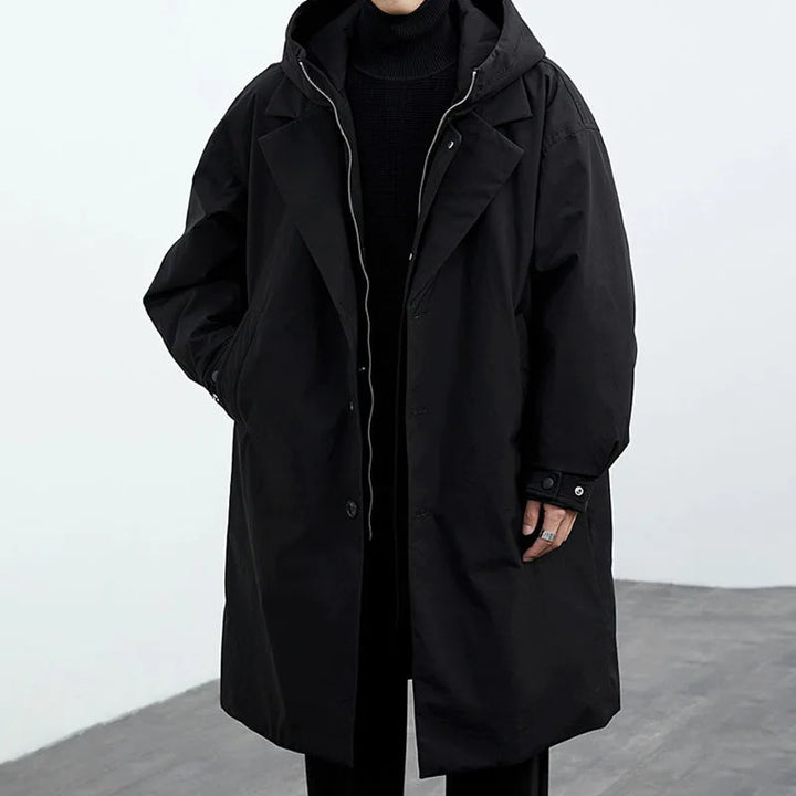 New winter mid-length faux two-piece hooded trench coat/parkor for men, plus size, warm outerwear.