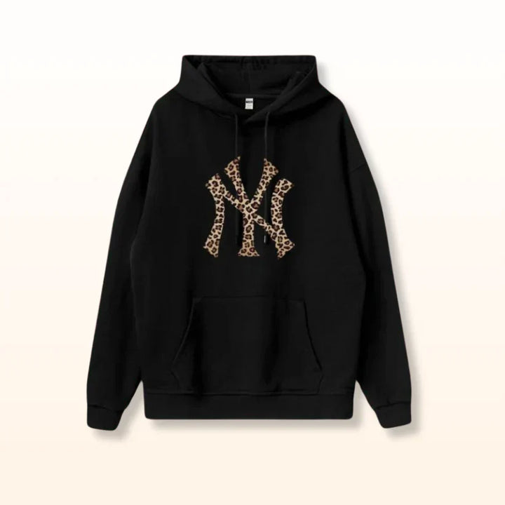 Unisex Black Hoodie with Leopard-Print Monogram Graphic – Oversized Streetwear Style