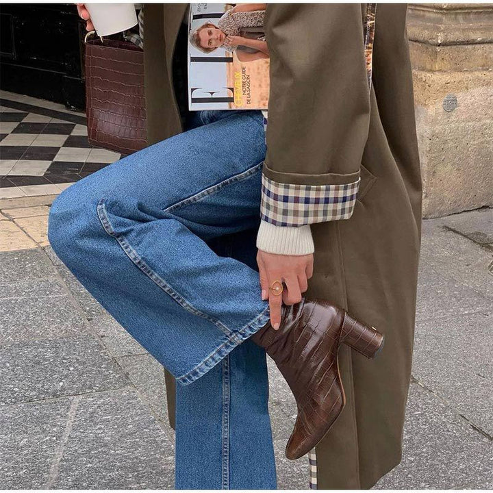 Khaki Green Women's Long Trench Coat with Stylish Grid Lining | Perfect for Autumn and Winter Fashion
