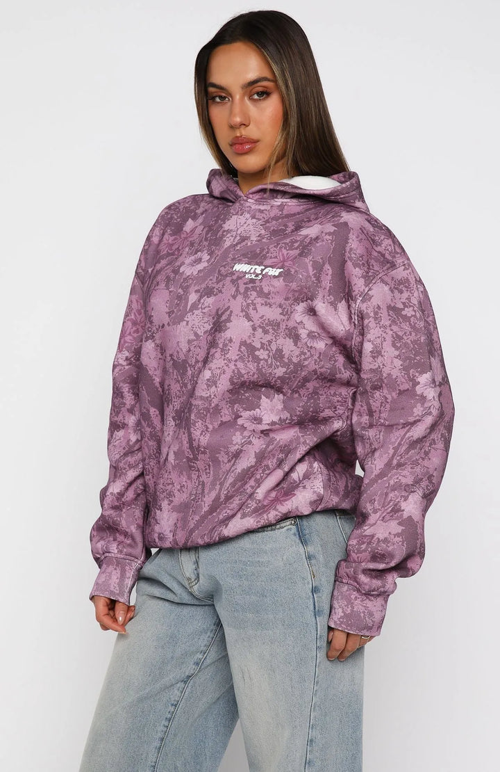 White Fox - Oversized Berry Floral Printed Hoodie