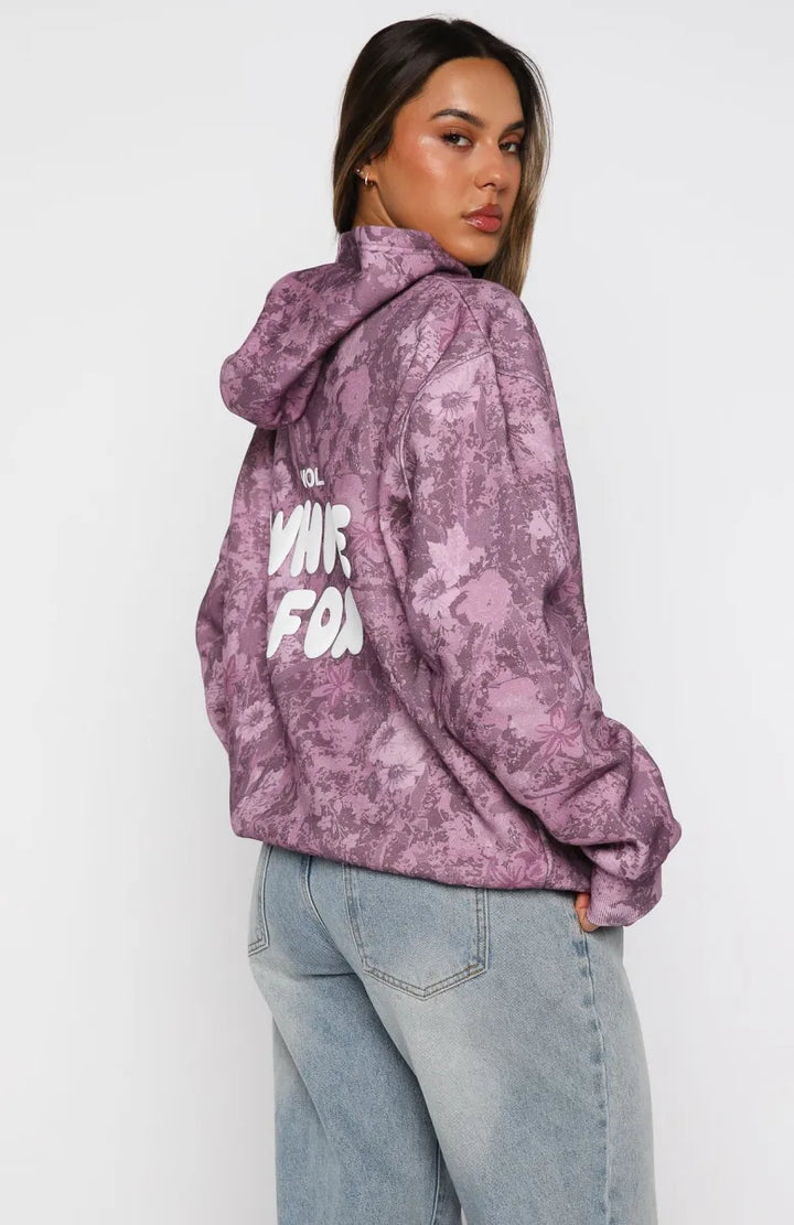 White Fox - Oversized Berry Floral Printed Hoodie