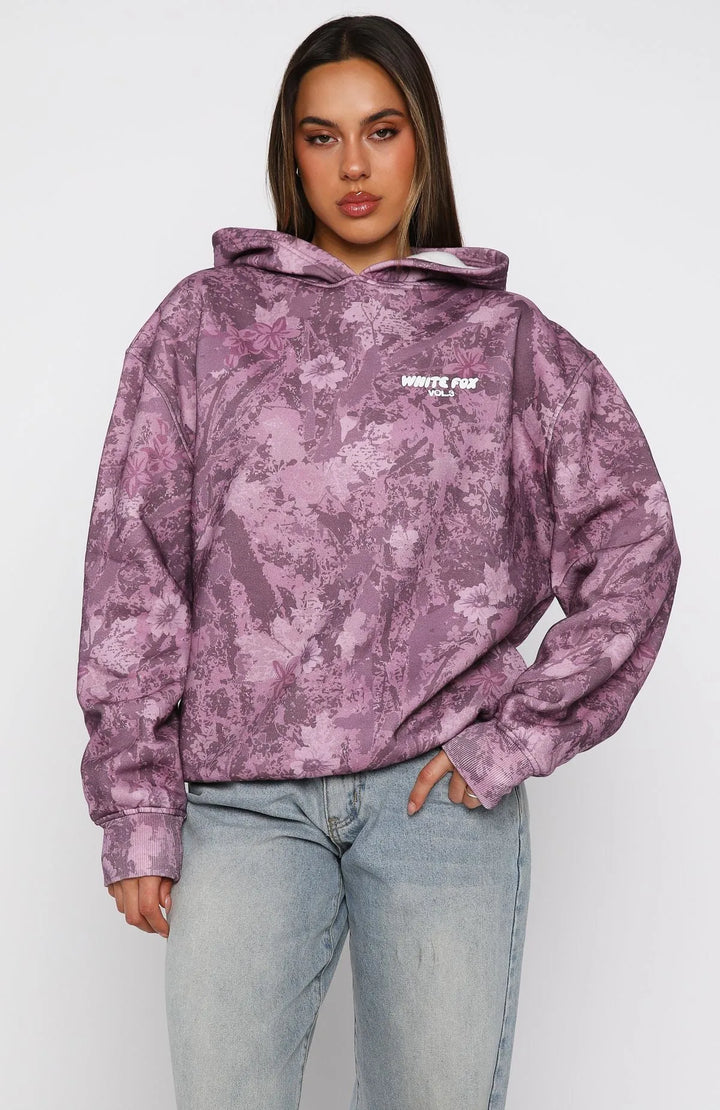 White Fox - Oversized Berry Floral Printed Hoodie