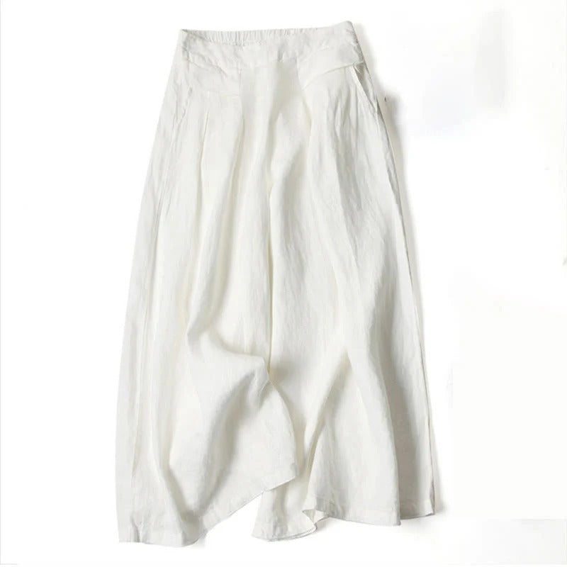High-Waist Wide-Leg Cotton Linen Pants – Plain Color with Pockets