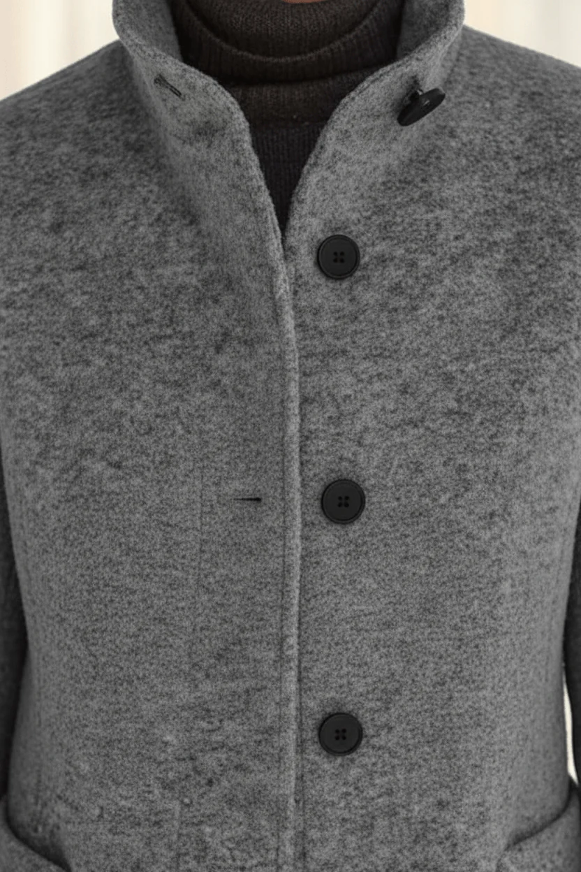 Women’s Wool Blend Coat with Stand Collar and Functional Pockets