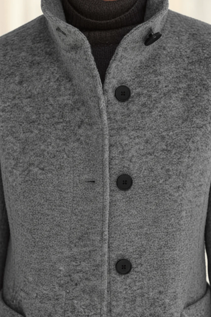 Women’s Wool Blend Coat with Stand Collar and Functional Pockets