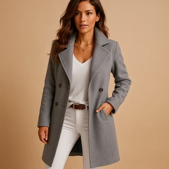 Women’s Long Wool Blend Coat – Double-Breasted Winter Jacket