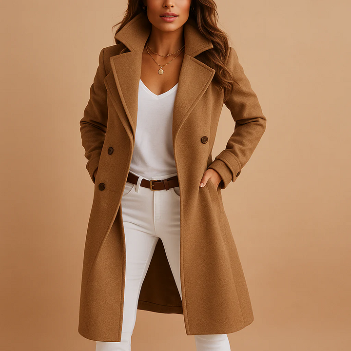 Women’s Long Wool Blend Coat – Double-Breasted Winter Jacket