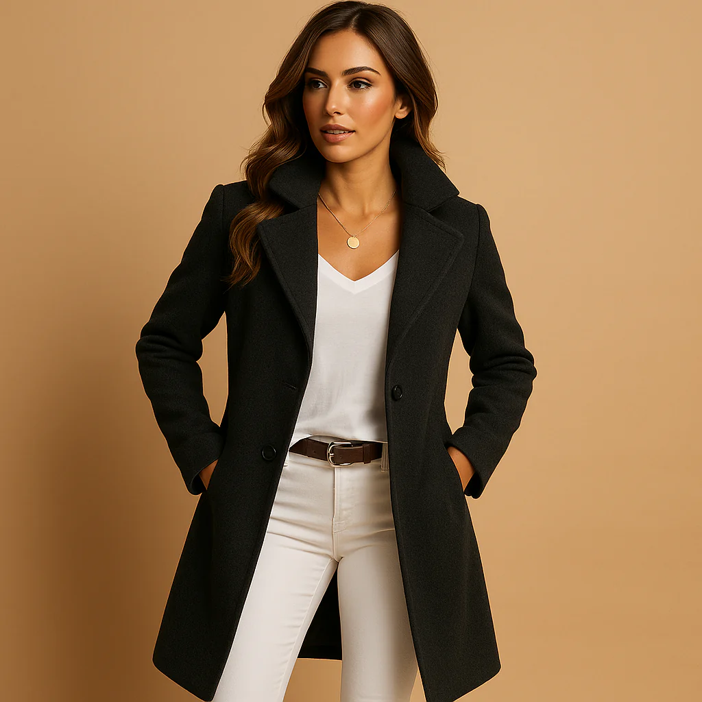 Women’s Long Wool Blend Coat – Double-Breasted Winter Jacket