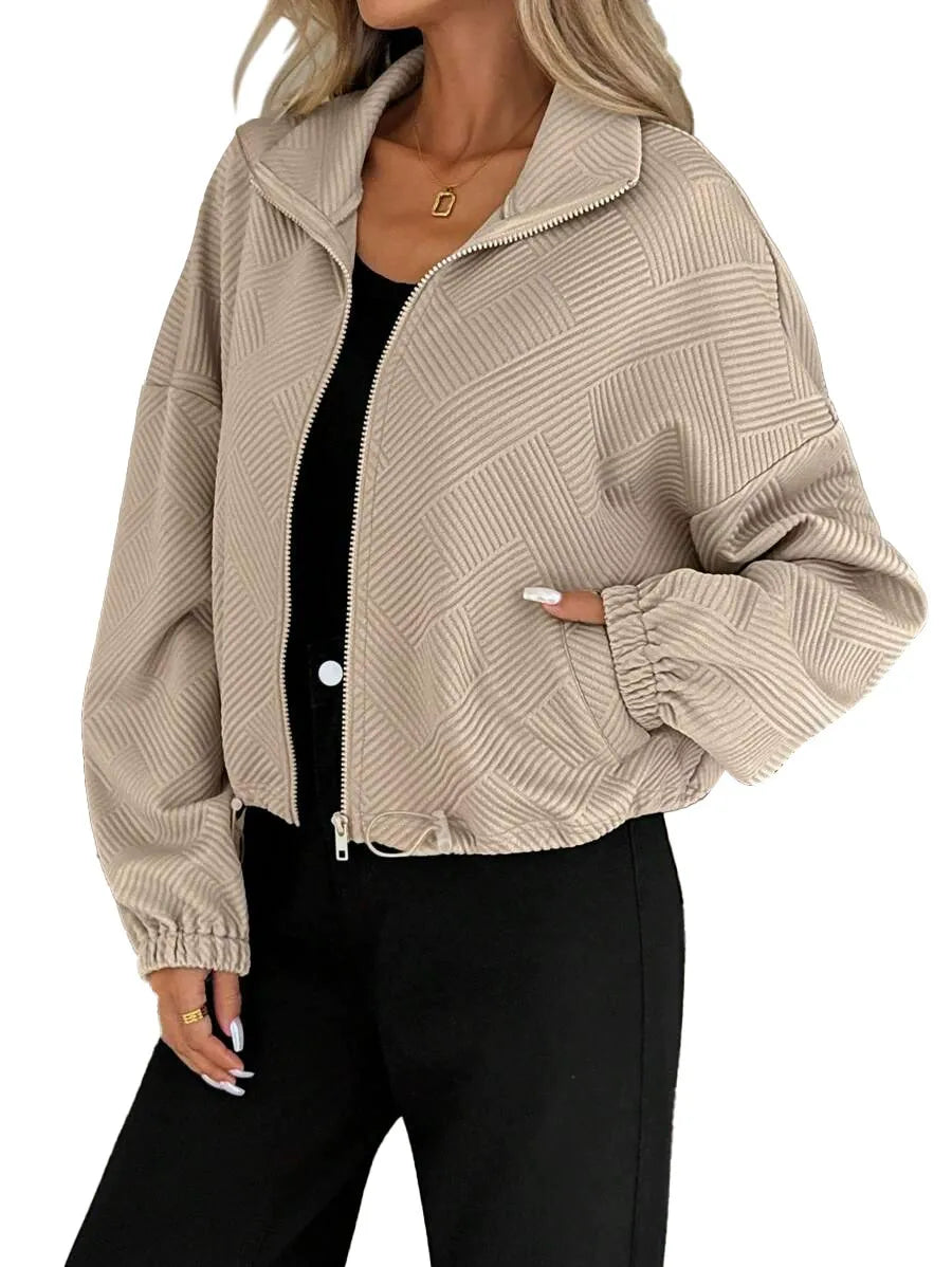 Women’s Loose Baseball Jacket – High Collar Zip-Up with Drawstring Hem