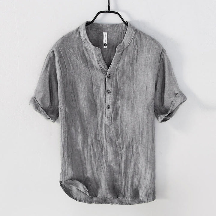 Men’s Cotton-Linen Short Sleeve Shirt – Solid Color, Half-Button