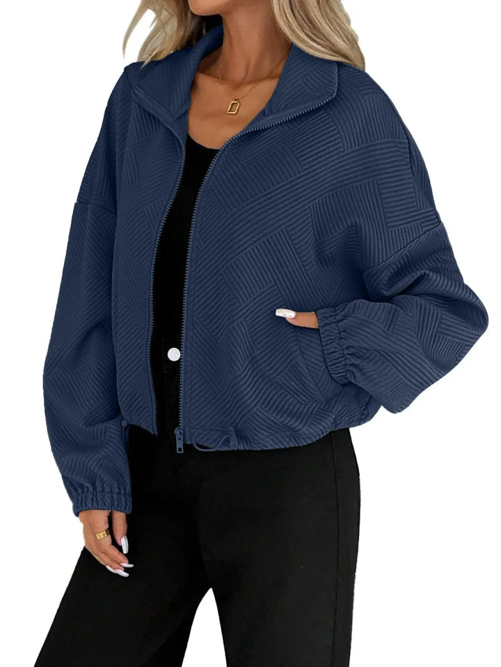 Women’s Loose Baseball Jacket – High Collar Zip-Up with Drawstring Hem