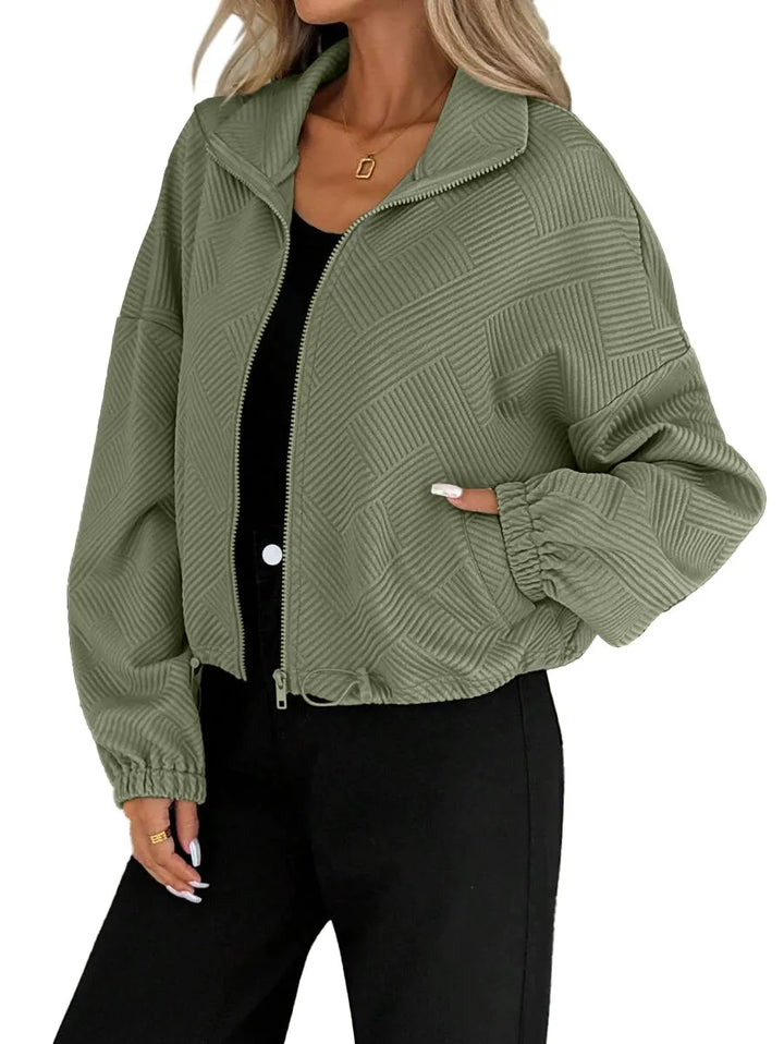 Women’s Loose Baseball Jacket – High Collar Zip-Up with Drawstring Hem