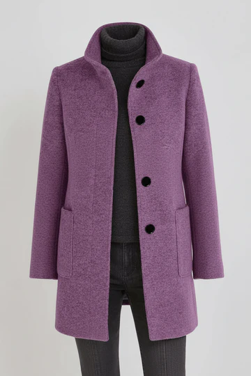 Women’s Wool Blend Coat with Stand Collar and Functional Pockets