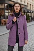 Women’s Wool Blend Coat with Stand Collar and Functional Pockets