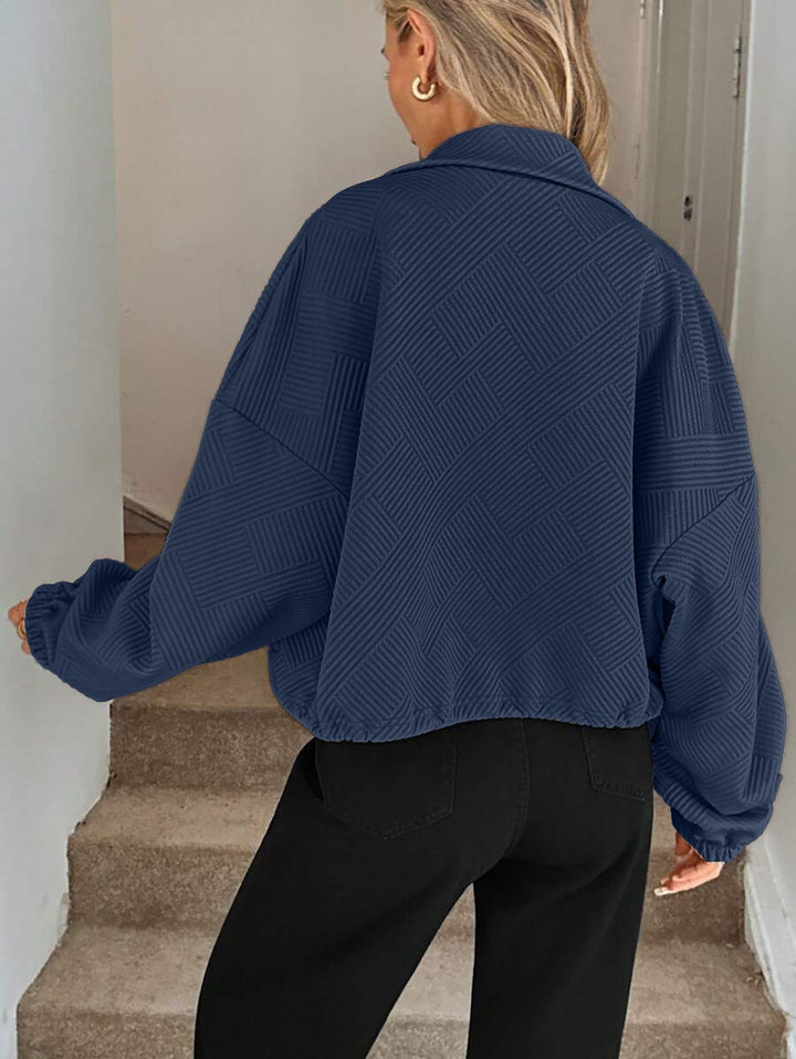 Women’s Loose Baseball Jacket – High Collar Zip-Up with Drawstring Hem