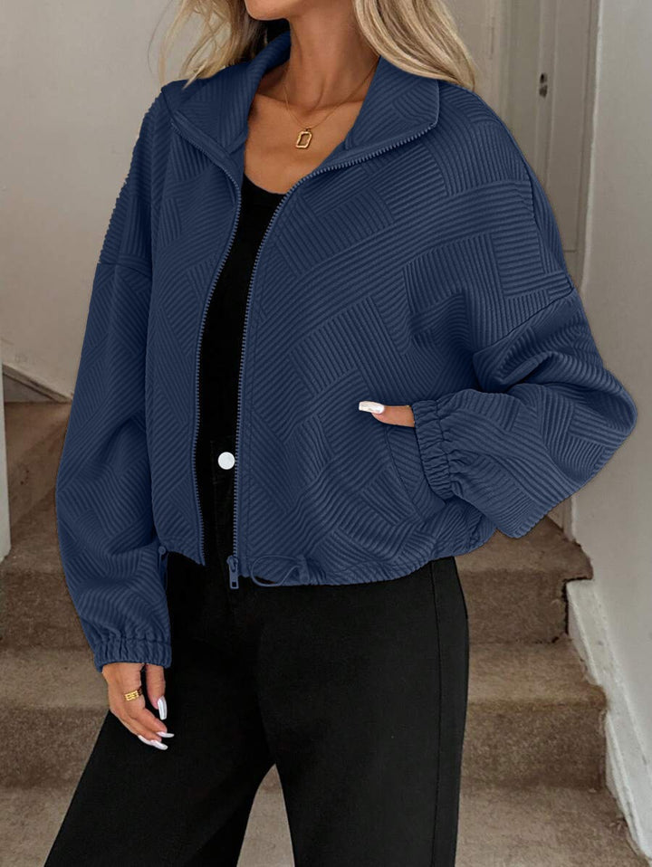 Women’s Loose Baseball Jacket – High Collar Zip-Up with Drawstring Hem