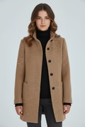 Women’s Wool Blend Coat with Stand Collar and Functional Pockets
