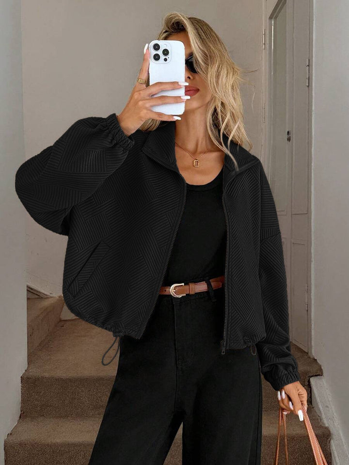 Women’s Loose Baseball Jacket – High Collar Zip-Up with Drawstring Hem