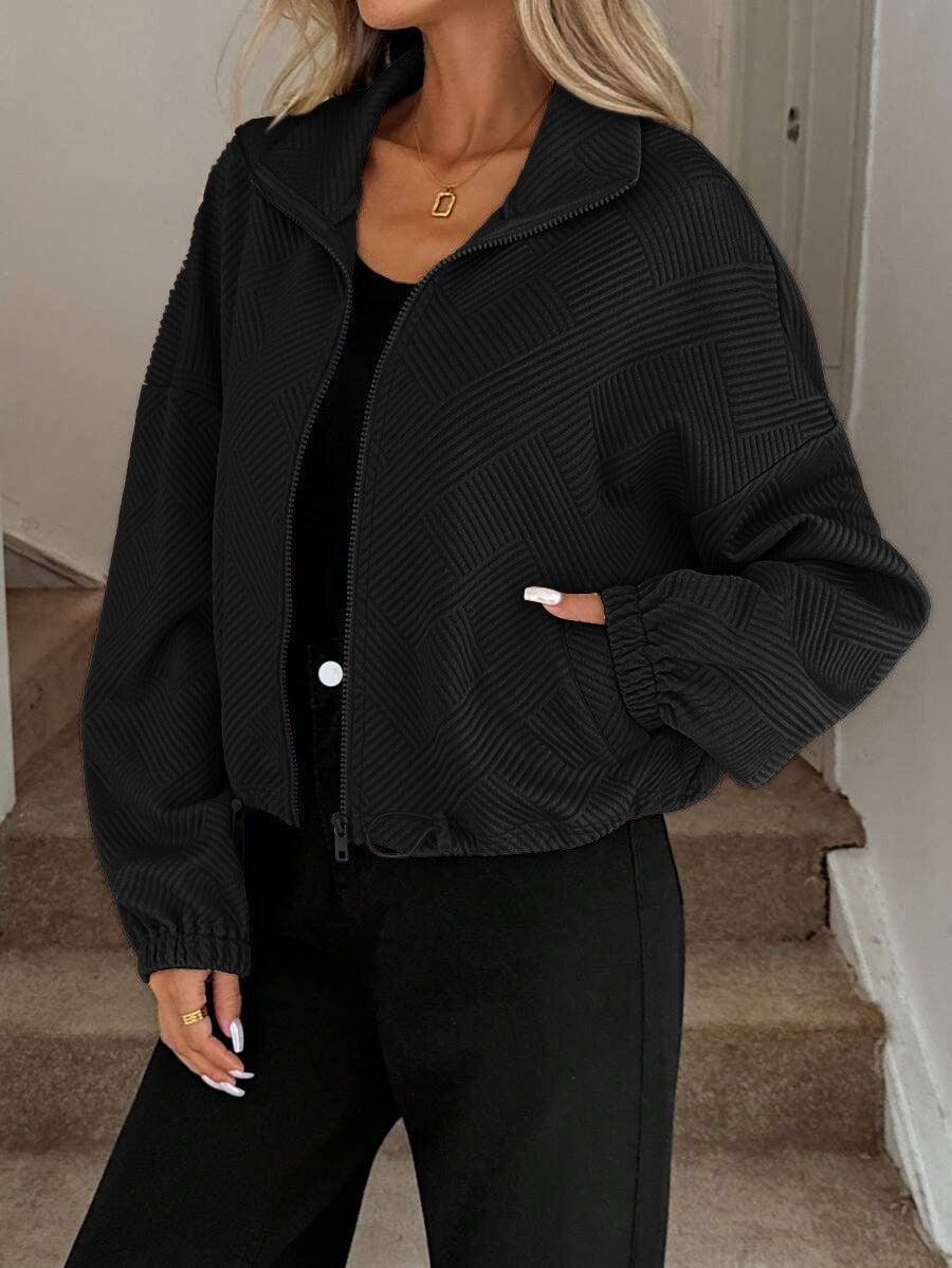 Women’s Loose Baseball Jacket – High Collar Zip-Up with Drawstring Hem