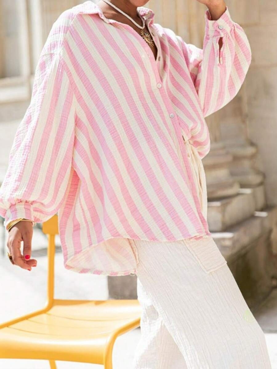Oversized Striped Button-Up Shirt for Women