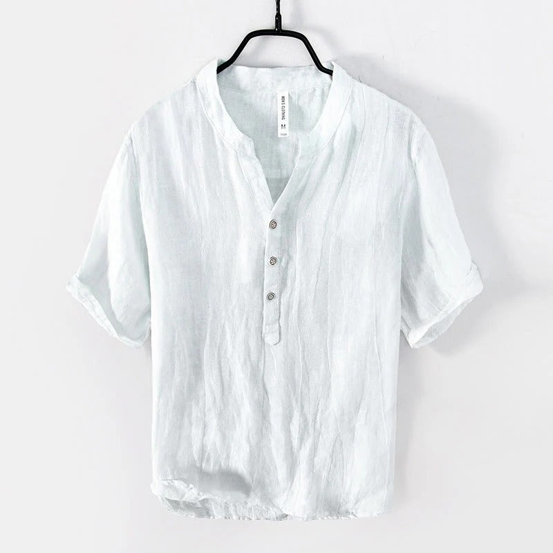 Men’s Cotton-Linen Short Sleeve Shirt – Solid Color, Half-Button