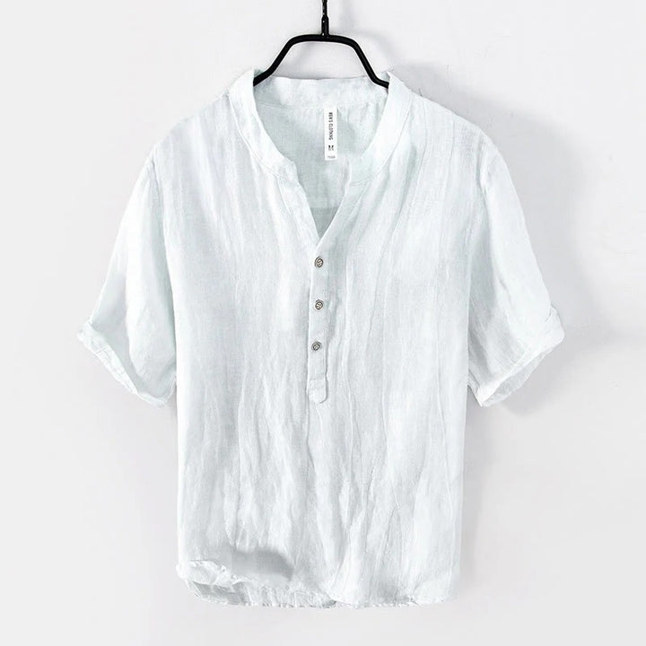 Men’s Cotton-Linen Short Sleeve Shirt – Solid Color, Half-Button