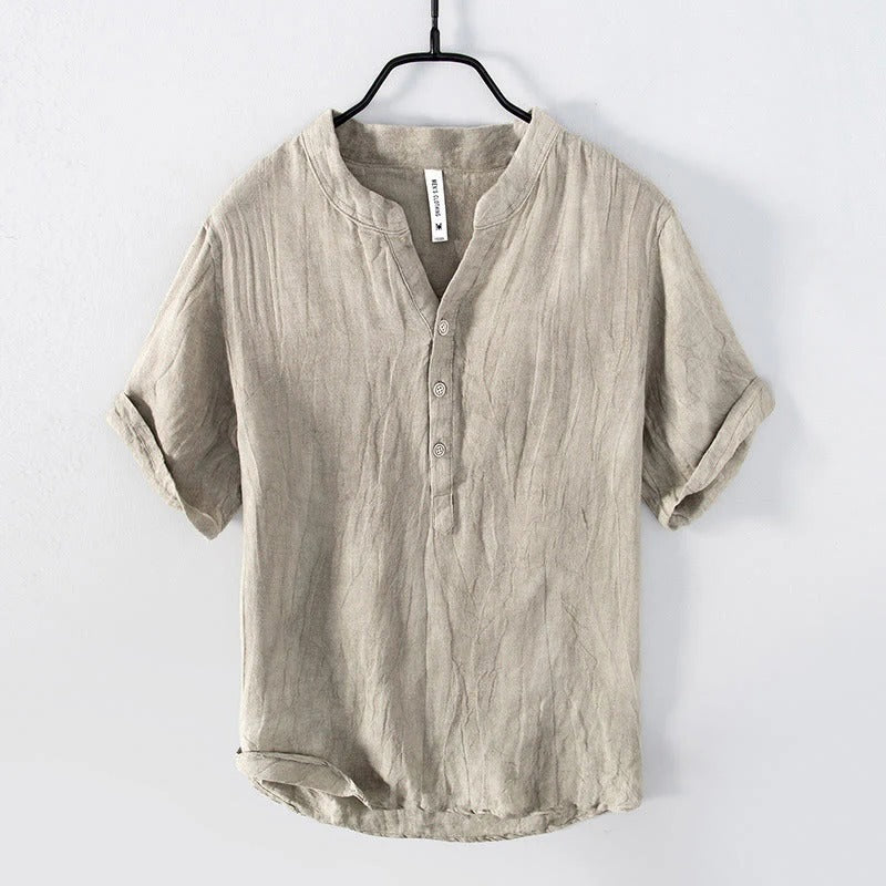Men’s Cotton-Linen Short Sleeve Shirt – Solid Color, Half-Button