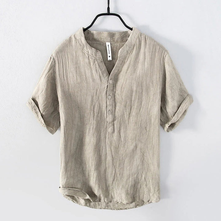 Men’s Cotton-Linen Short Sleeve Shirt – Solid Color, Half-Button