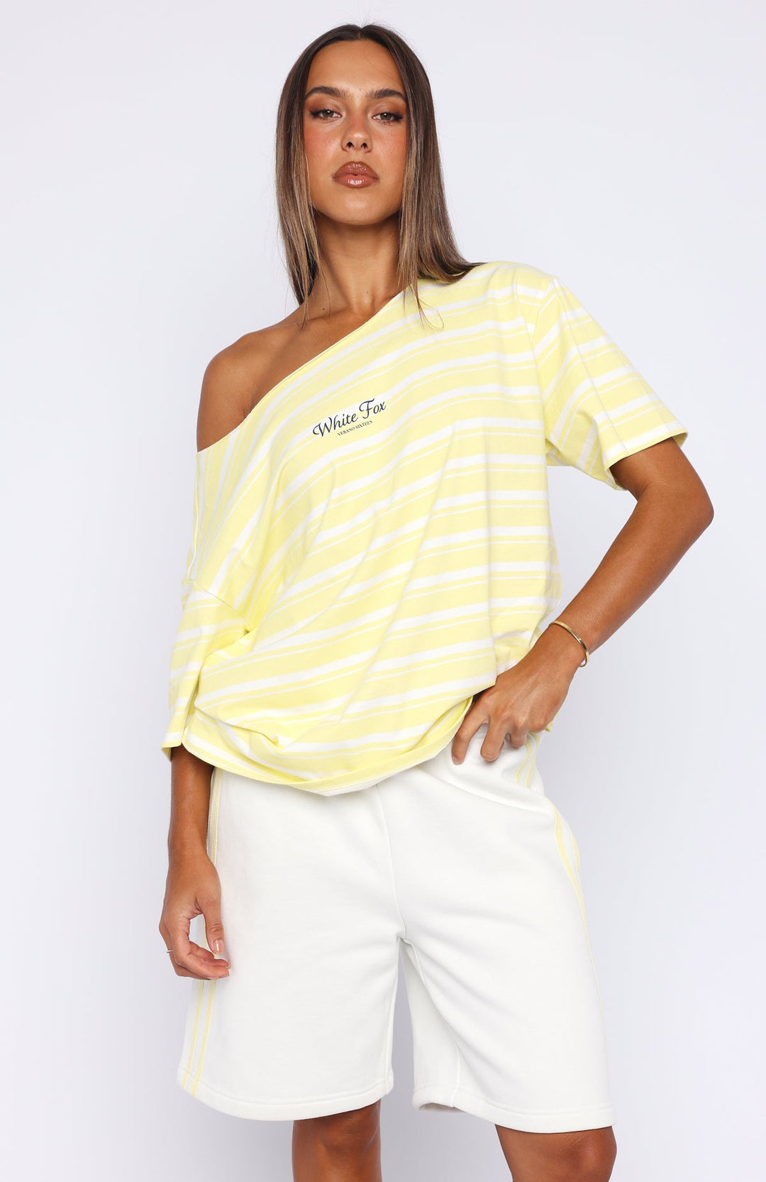White Fox - Off Shoulder Oversized Striped Tee
