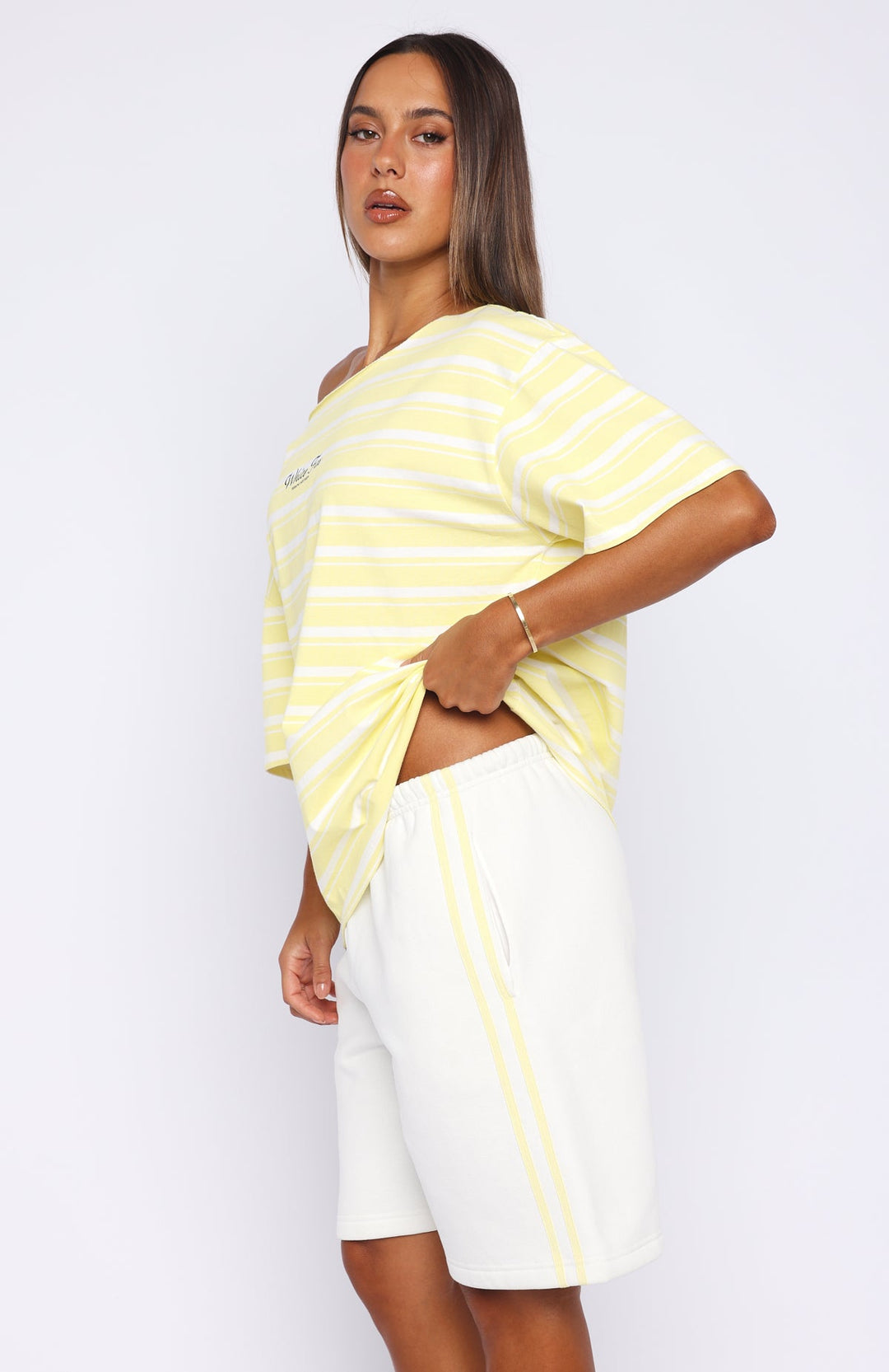 White Fox - Off Shoulder Oversized Striped Tee